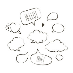 Collection of hand drawn think and talk speech bubbles message. Doodle style black comic balloon with inspiration, cloud, heart shaped design elements. Isolated vector. Line bubbles