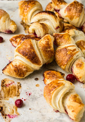 freshly baked croissants on parchment paper, top view. Breakfast. Coffee time. Coffee break. Brunch. French lunch. French breakfast