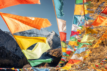 Five color prayer flags flying with Xiannairi mountain in autumn forest. Yading nature reserve