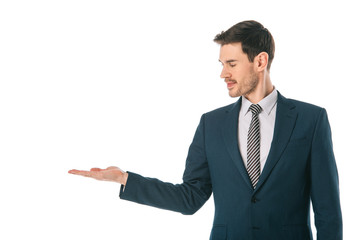 corporate businessman presenting something isolated on white