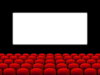 Beautiful red cinema hall with seats facing a white screen on a black stage vector.