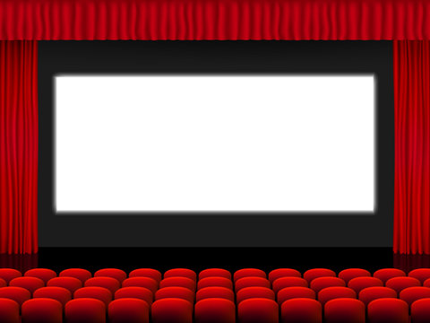 Beautiful red cinema hall with seats facing a white screen between red folded curtain drapes on a black stage vector.