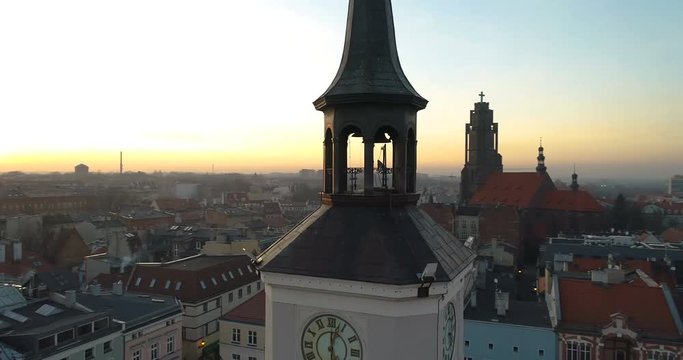 Drone flight around the upper part of the city hall in Gliwice. Gliwice, Silesia, Poland
