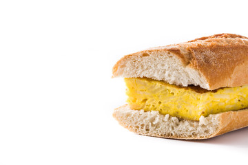 Bocadillo de tortilla española. Spanish potato omelette sandwich isolated on white background. Copyspace