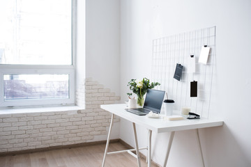 Stylish white professional office interior, minimalist loft workspace