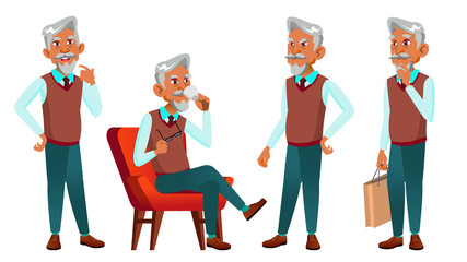 Arab, Muslim Old Man Poses Set Vector. Elderly People. Senior Person. Aged. Caucasian Retiree. Smile. Advertisement, Greeting, Announcement Design. Isolated Cartoon Illustration