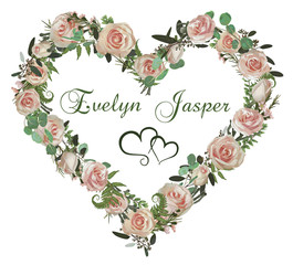 Valentine greeting card, invite card. Herbs, eucalyptus,  forest fern, brunia, waxflower and pink rose. Natural, branches boxwood, buxus. For wedding invitations, vignettes, postcards, posters