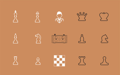 Contours chessmen, elements attributes and person. Set of 15 vector icons. Rook, king, pawn, bishop, queen, knight, people avatar chess clock Flat design Monochrome