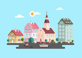Urban Landscape. Vector Flat Design City with Buildings. Woman with Pram and Fountain on Town Square.