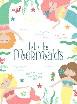 Vector image of cute little mermaids, seaweed, starfish, crab, seahorse, fish. Marine hand-drawn illustration for girl, birthday, holiday, summer party, card, print, poster