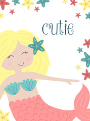 Vector image of a cutie little blonde mermaid with starfishes underwater. Sea hand-drawn illustration for girl, birthday, holiday, summer party, greeting card, print, clothes, fabric, poster