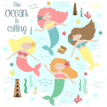 Vector image of cute little mermaids and sea creatures. Marine hand-drawn illustration of underwater kingdom for girl, birthday, holiday, summer party, postcard, print, posters. Ocean is calling