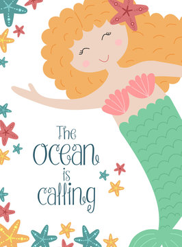 Vector image of a cute little mermaid with red hair and starfishes underwater. Sea hand-drawn illustration for girl, birthday, holiday, summer party, greeting card, print, poster. The Ocean is calling