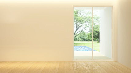 Fototapeta na wymiar Empty room with swimming pool view and forest view. Space design room of backdrop or room for presentation. 3D Illustration for artwork.