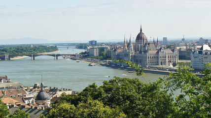 Top view of the Danube river and the Hungarian Parliament on the bank in Budapest, sunny day, Hungary