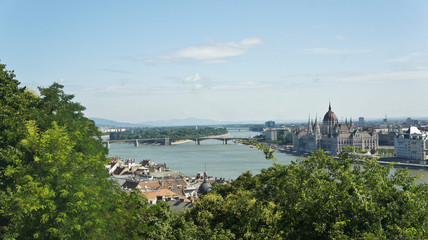 Fototapeta na wymiar Aerial view of the Danube river and the Hungarian Parliament on the bank in Budapest, sunny day, Hungary
