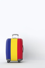 Travel suitcase with the flag of Romania. Holiday destination. 3D Render