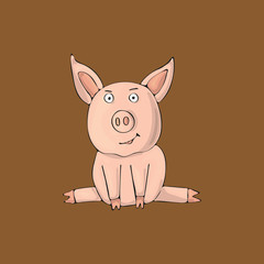 Pink pig cute on brown background. Isolated cartoon vector character