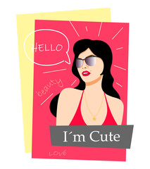 Typography slogan with brunette girl  in sunglasses and bikini. Vector illustrstion.	