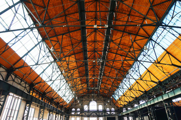 old wooden interior of industry hall