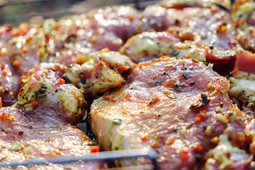 Beef meat steaks. Fresh raw pork neck for steak with herb spices on a barbecue grill