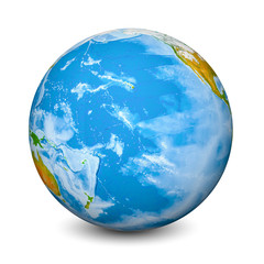 Earth globe focused on Pacific Ocean. Realistic topographical lands and oceans with bathymetry. 3D object isolated on white background. Elements of this image furnished by NASA