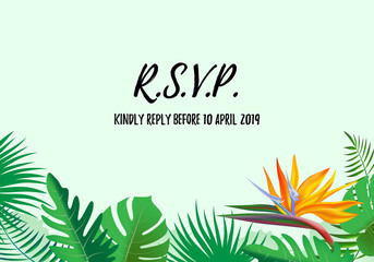 Modern style RSVP wedding invitation card with tropical exotic flower frame background, floral elements label. Vector design template, isolated. Save the Date Welcome card in trendy with palm plant