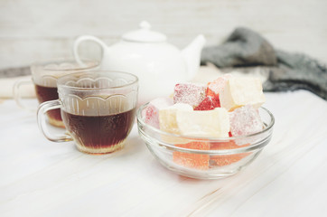 Delicious turkish delights with red tea