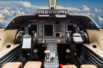 Closeup high detailed view on engine power control and other aircraft control unit in the cockpit...