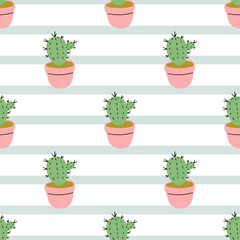Vector seamless pattern with cactuses in flower pots on striped background