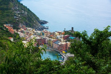 Beautiful small town of Vernazza in the Cinque Terre national Park. View on Vernazza Castello Doria...