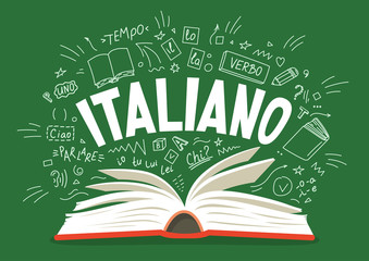 Italiano. Open book with language hand drawn doodles. 