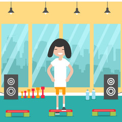 Young character doing cardio step exercise in the gym.Flat cartoon design