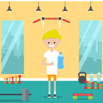 Young character shows water bottle and and thumb up in the gym.Flat cartoon design