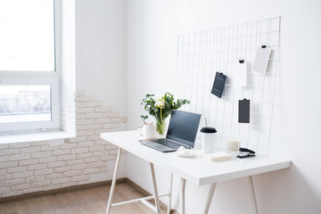 Stylish white professional office interior, minimalist loft workspace