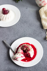 Cottage cheese dessert (jelly or panna cotta) with cherry sauce and cocoa. Healthy breakfast or dessert.  