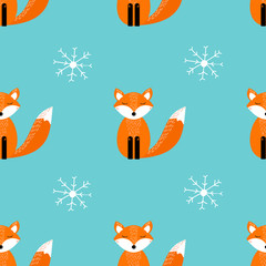 Seamless pattern with cute fox,  snowflakes.