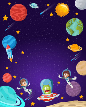 Astronaut cartoon children flying in the space. Alien Spaceship.