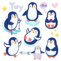 Cute penguins skiing, having fun, drinking tea. Funny characters. © avian