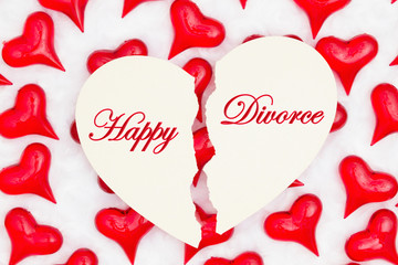 Happy Divorce greeting card with red hearts on white fabric