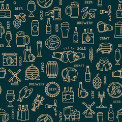 Dark seamless pattern kraft beer icons in modern style on the theme of beer, its production and use in vector format. Line style icons in this pattern.
