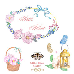 Floral frame with pink roses and decorative leaves. Watercolor Invitation design. Background to save the date. Greeting card with pink flowers in basket, lamp lighting. Gold polygonal frame.