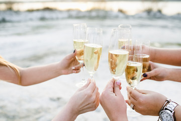 Girls clang their glasses with champagne watching the sunset © andriychuk