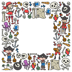 Vector set of pirates children's drawings icons in doodle style. Painted, colorful, pictures on a piece of paper on white background.