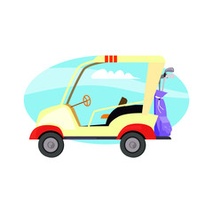 Golf car with clubs against blue sky vector. Golf course, electric vehicle, game. Golf concept. Vector illustration can be used for topics like sport, hobby, vacation