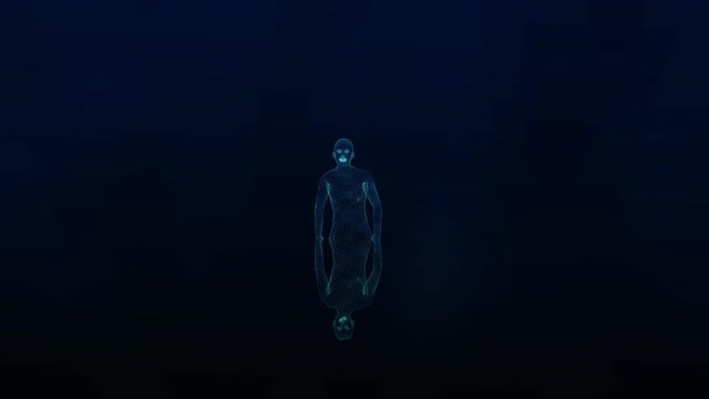 Wireframe model of man with reflection in water. Dark science concept animation of modern technology.