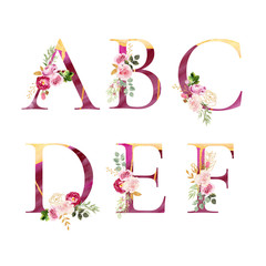 Set of decorated watercolor letters a b c d e f