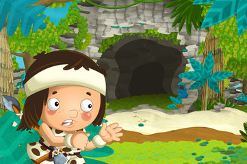 cartoon happy scene with caveman traveling near some cave - illustration for children