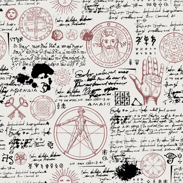 Vector seamless background on the theme of mysticism, magic, religion and the occultism with various esoteric and masonic symbols. Medieval manuscript with sketches, blots and spots in retro style