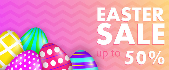 Easter Sale, up to fifty percent lettering with decorated eggs. Easter sale advertising design. Typed text, calligraphy. For posters, invitations, banners, leaflets and brochures.